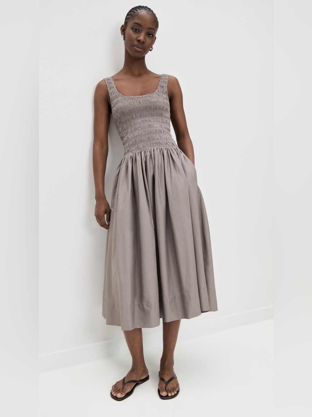 PISTOLA alessia smocked midi dress taupe stone size small euro summer